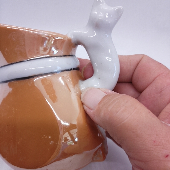 Iridescent Orange and White Squared Pitcher With Cat Handle - Picture 2 of 5